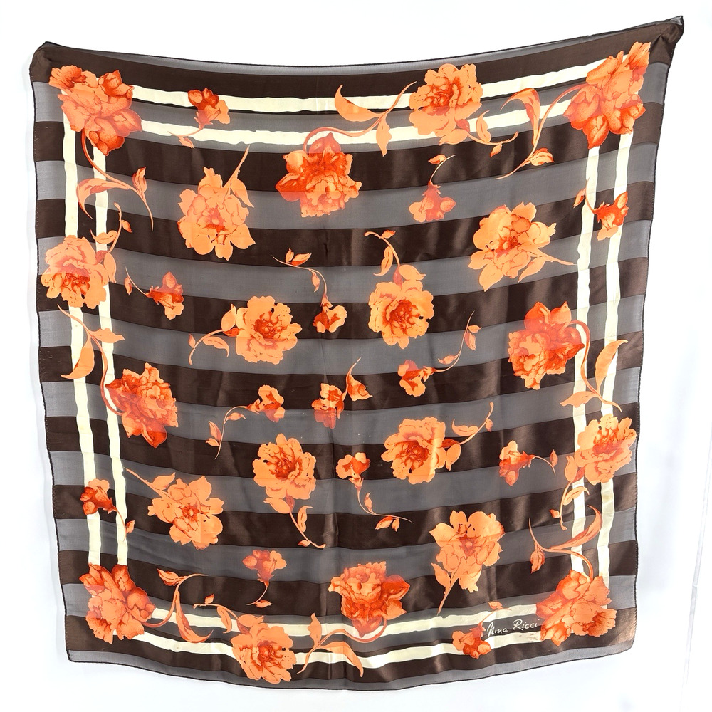 Vtg Nina Ricci Silk Scarf Floral 34 inch Made In Italy Brown Orange Hand Rolled